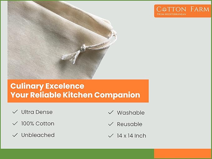 Cotton Farm Nut Milk Bag & Cheese Cloth Bag (Ultra Dense), XL 14 × 14 Inch, 100% Unbleached Cotton Cheesecloth for Precise Food Straining, Washable & Reusable