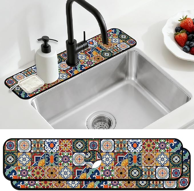 2 Pcs Kitchen Sink Splash Guard Faucet Mats Colored Bohemian Tiles Pattern Faucet Mat for Sinks Absorbing Drying Mat for Kitchen Bathroom, 23.6x5.5inch