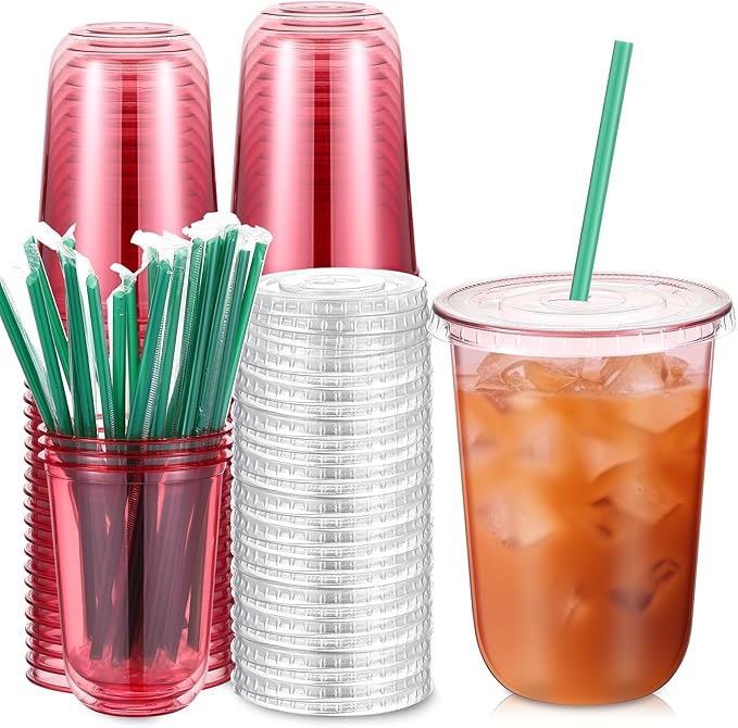 Baderke 25 Set Plastic Cups with Lids and Straws, Disposable Plastic Iced Coffee Cup for Cold Beverage Juice Smoothie Crystal for Coffee Shops Party Catering(Pink,16 oz)