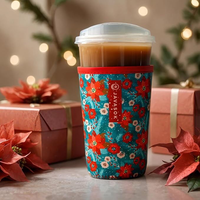 Sok It JavaSok Iced Coffee & Cold Soda Insulated Neoprene Cup Sleeve (Pastel Poinsettias, Small: 16-20oz)