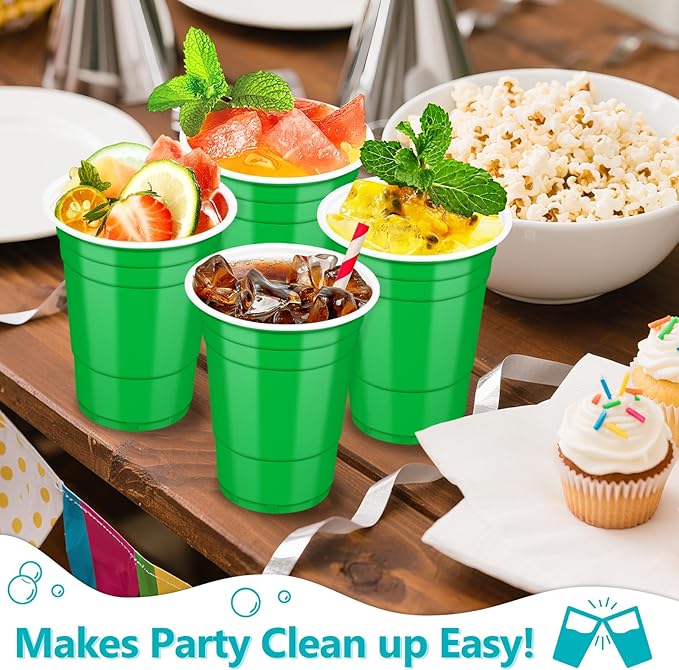 LANLISA 50 Green Plastic Cups, 16 oz Disposable Cups, Drinking Cups For Birthday Party, St Patricks Day, Christmas
