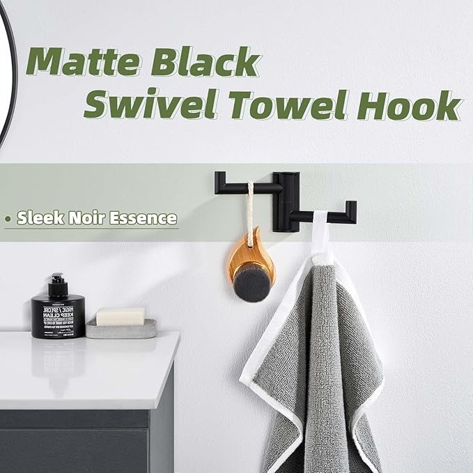 APLusee Swivel Towel Hook 2 Arms Matte Black, 304 Stainless Steel Bathroom Double Towel Holder, Folding Robe Hook Wall Mounted