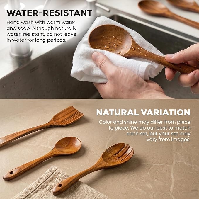 Zulay Kitchen 15-Piece Teak Wooden Utensils for Cooking - Natural Teak Utensil Set with Premium Gift Box - Non-Stick Wooden Spoons for Cooking - Kitchen Gift Set - Comfortable Grip Wooden Utensil Set