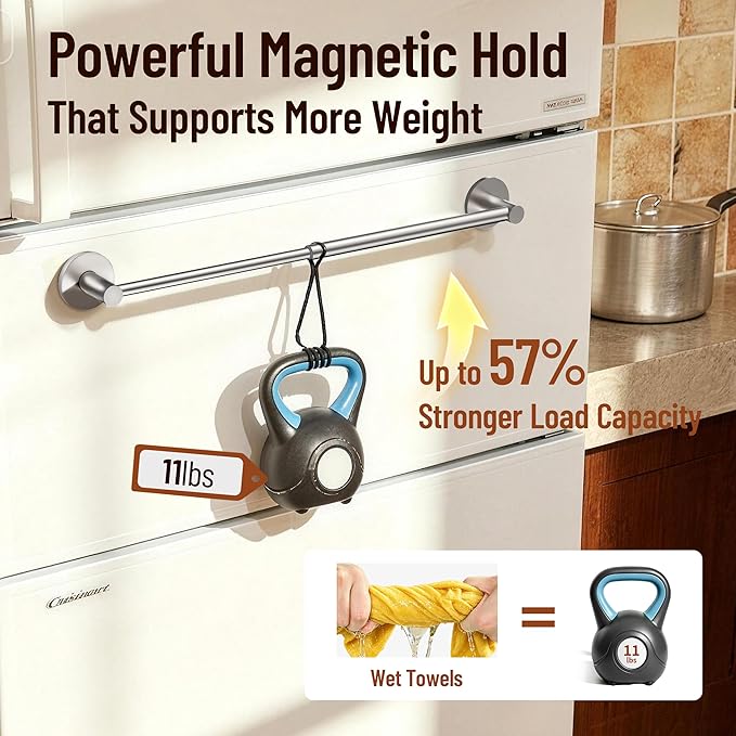 Magnetic Towel Bar, Adjustable Towel Rod with Larger Magnetic Base & Hidden Magnet Design, Non-Slip Magnetic Towel Holder for Refrigerator, Dishwasher, Oven, Washer (Silver, 2Pack)