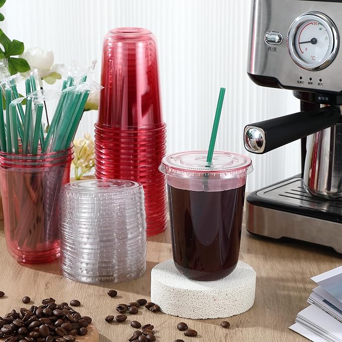 Baderke 25 Set Plastic Cups with Lids and Straws, Disposable Plastic Iced Coffee Cup for Cold Beverage Juice Smoothie Crystal for Coffee Shops Party Catering(Pink,16 oz)