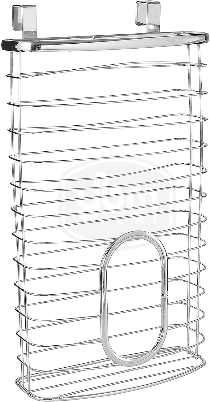 YBM Home Plastic Bags Container and Dispenser for Grocery Bags, Metal Over the Cabinet Door Storage Bags Holder Organizer Holds Up to 50 Plastic Shopping Bags, Silver