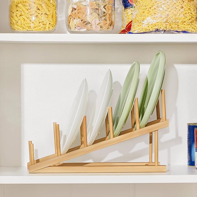 HBlife Bamboo Wooden Dish Drying Rack, 1 PCS Plate/Dish/Book/File/Bowl/Cup/Cutting Board/Pot Lid Organizer for Kitchen Counter, Office, Display Cabinet