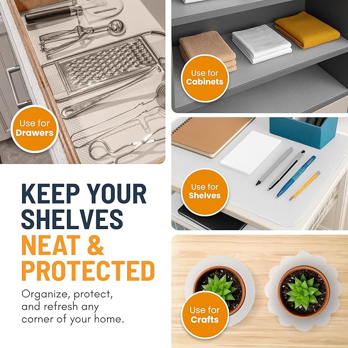 Refrigerator Liners for Shelves (8 Pack) by Linda’s Essentials - Non-Adhesive Drawer and Shelf Liner, BPA-Free Fridge Mats for Kitchen & Cabinets, Easy to Clean, Ideal Household Essentials (Clear)