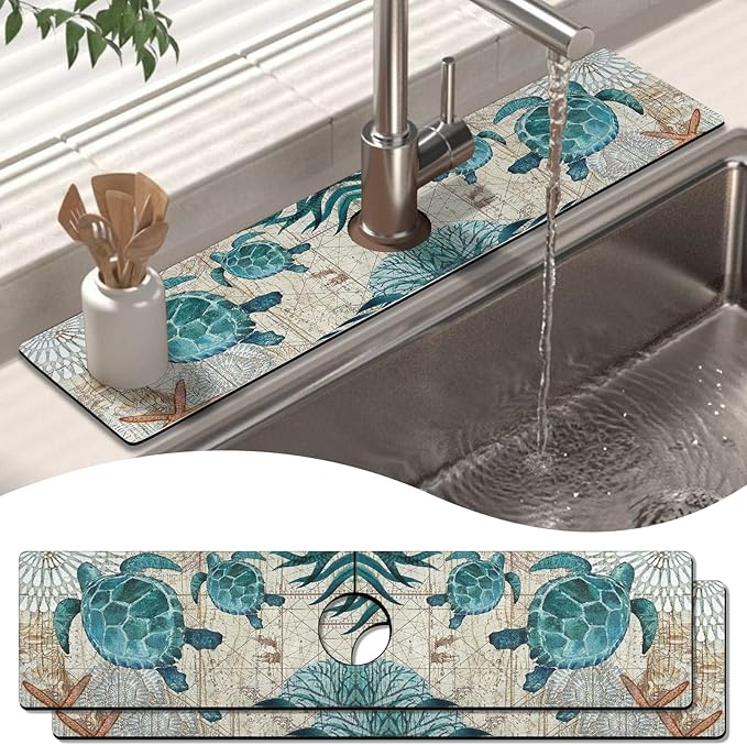 2 Pack Kitchen Sink Splash Guard Faucet Mat 24" X 5.5" Sea Turtle Absorbent Fast Drying Mat Faucet Draining Mat Sink Splash Guard Behind Faucet Drip Catcher for Kitchen Bathroom