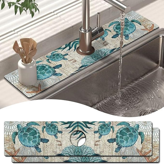2 Pack Kitchen Sink Splash Guard Faucet Mat 24" X 5.5" Sea Turtle Absorbent Fast Drying Mat Faucet Draining Mat Sink Splash Guard Behind Faucet Drip Catcher for Kitchen Bathroom