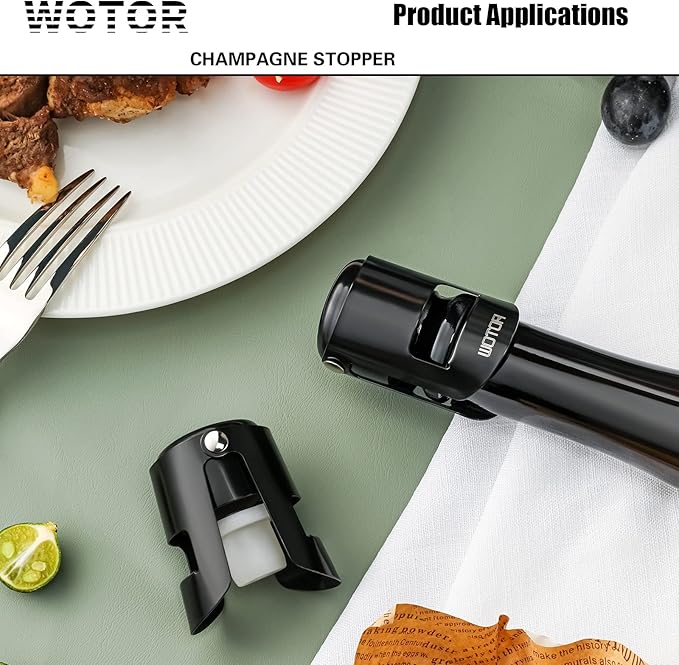WOTOR Stainless Steel Champagne Stoppers - Champagne Bottle Stoppers with Silicone Seal, Reusable Cork & Saver, Suitable for Prosecco & Sparkling Wine, Black, 2 Pack