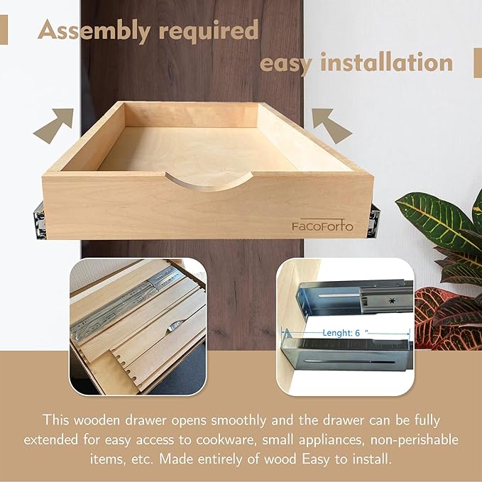 Kitchen Cabinet Organizer, Fully Assembled Drawer Wood Pull Out Tray Drawer Box Cabinet Slide Out Shelve, Wooden Pull-Out Shelf (W21''×D21''×H3'')