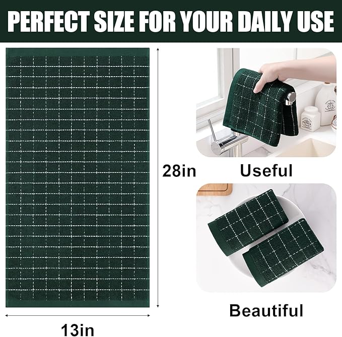 Homaxy 100% Cotton Terry Kitchen Towels(Blackish Green, 13 x 28 inches), Checkered Designed, Soft and Super Absorbent Dish Towels, 8 Pack