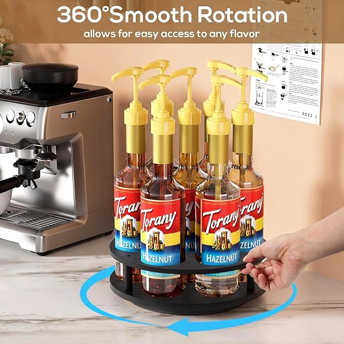 THYGIFTREE Rotating Coffee Syrup Organizer 7 Bottles Syrup Rack for Countertop Wood Syrup Bottle Holder Stand for Coffee Bar Station, Turntable Wine Display Tray, Black