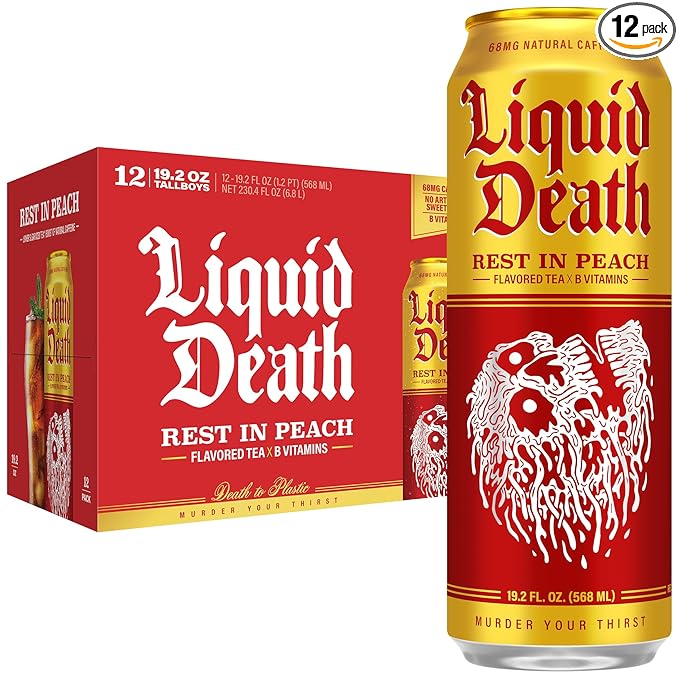 Liquid Death Iced Tea - Rest In Peach (Peach-Flavored Black Tea), Less Sugar*, Boost of Caffeine, B Vitamins, No Artificial Sweeteners, King Size 19.2 Fl Oz (Pack of 12)