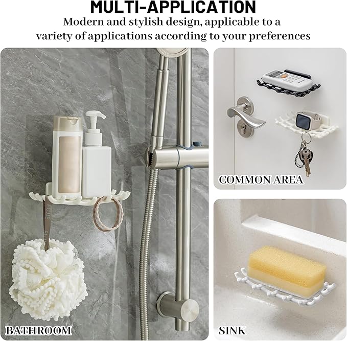Soap Bar Holder for Shower Wall, Self Draining Soap Dish with Hooks, No Drilling, Bathtub Kitchen Sink Waterproof Adhesive Wall Mounted Dish (4 Pack, White)