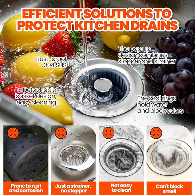 Sink Drain Strainer - Sink Stopper, 3-in-1 Kitchen Stainless Steel Drain Plug with Anti-Clog Basket, Pop-Up Cover Fits Standard 3-1/2” Openings for Double Bowl Kitchen Sinks