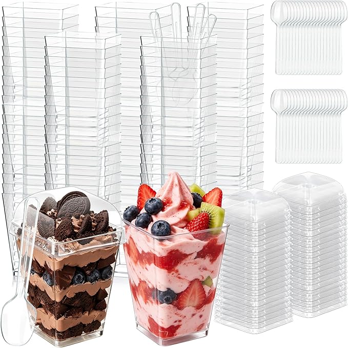 200 Pack 5oz Plastic Dessert Cups with Lids and Spoons, Mini Clear Yogurt Parfait Cups with Lids, Small Dessert Shooter Cups, Square Appetizer Cups for Party Fruit Pudding Trifle Ice Cream Tasting