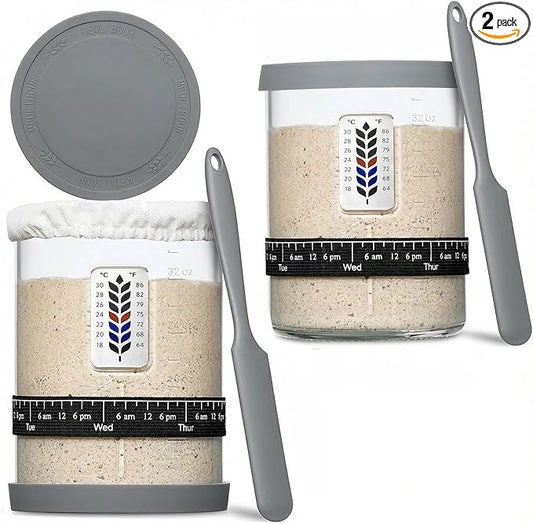 2 Pack Premium Pro Sourdough Starter Jar Kit - 40oz Large Wide Mouth Sourdough Bread Jar with Marked Feeding Band, Thermometer, Scraper, Cloth Cover & Silicone Lid/Base, Glass Container, Baking Supply