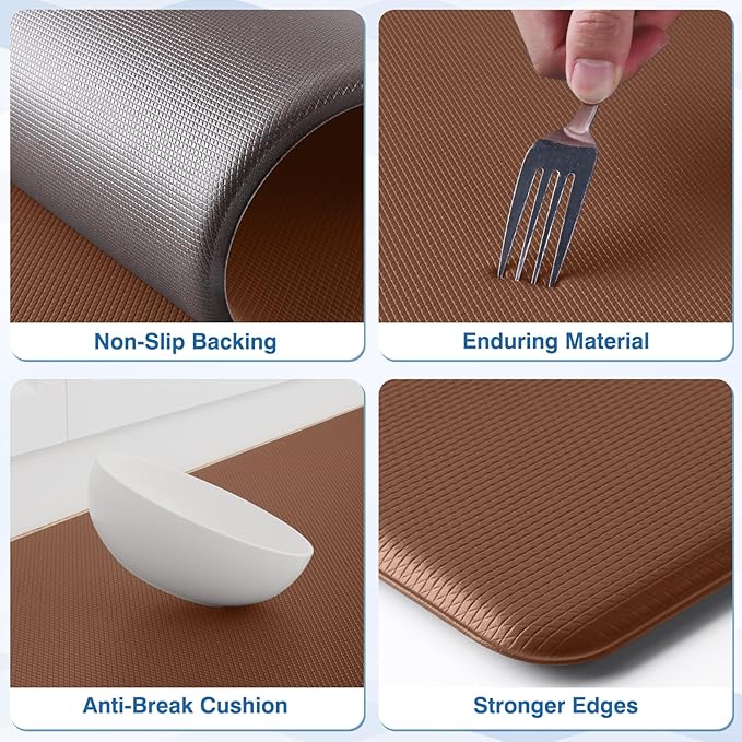 StepRite Kitchen Mats, 2PCS Kitchen Rugs, Cushioned Anti Fatigue Kitchen Mats for Floor, Non-Slip Standing Desk Mat, Waterproof Kitchen Rug Set for Floor, Office, 17.3"x30"+17.3"x59", Terracotta Brown