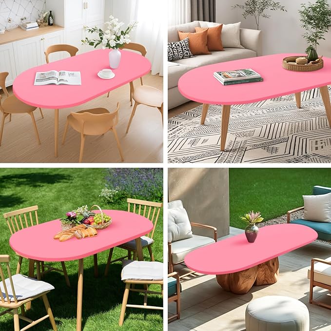 NEWISHER Fitted Oval Tablecloth 42 x 60 Inch Elastic Table Cloth, Stretch Spandex Table Cover Pink Washable Polyester Top Cap Cover for Dining Picnic Camping Indoor and Outdoor