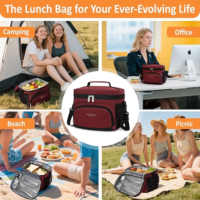 Vankor Large Insulated Lunch Bag for Men Women kids, Reusable Lunch Box kids Leakproof with Adjustable Shoulder Strap for Work Teacher School Picnic Beach Travel, Burgundy