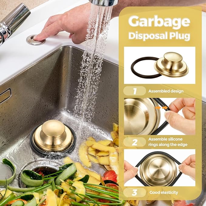 4 Pcs Light Gold Kitchen Sink Accessories Garbage Disposal Splash Guards 3.4'' Sink Drain Strainer and Stopper Stainless Steel Garbage Disposal Plug for Kitchen Drain Strainer