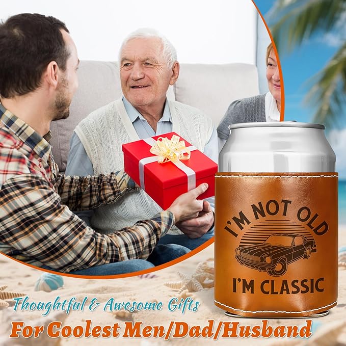 Ftahers Day Gifts for Dad from Daughter Son,Funny Gifts for Grandpa Men,Mens Birthday Gag Cool Retirement Christmas Gifts for Him Husband,Leather Can Cooler Sleeve Holder for Soda