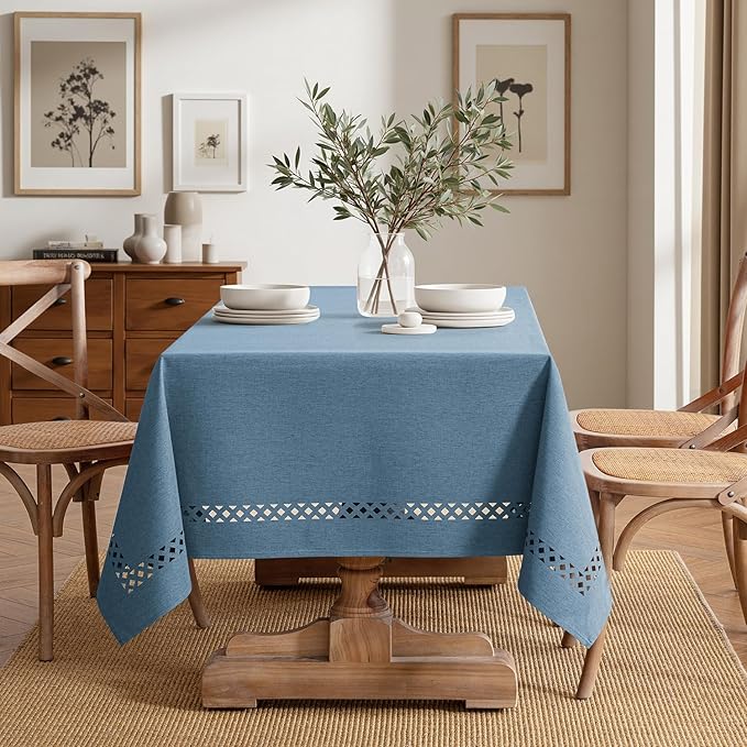 MIULEE Dusty Blue Rectangle Linen Polyester Tablecloth with Decorative Cutouts Waterproof Stain Resistant & Shrink-Proof Table Cloth 60x84 inch Farmhouse Style for Dining Wedding Party