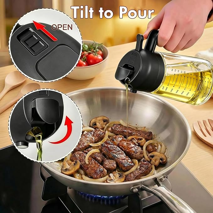 Poshetion 2 in 1 Olive Oil Sprayer for Cooking, 16oz Oil Dispenser for Kitchen, Leak-Proof Oil Spray Bottle for Air Fryer, Salad, BBQ, Baking, Grilling - Black & Green