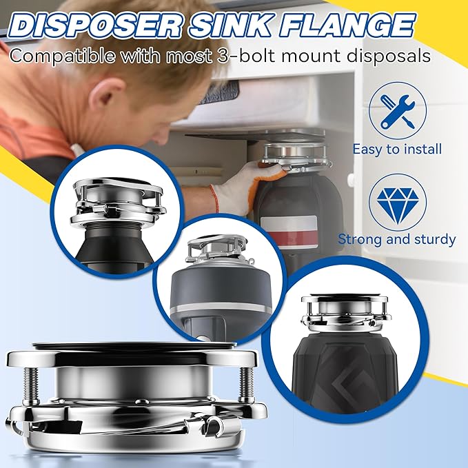 Saillong Garbage Disposal Flange, 3 Bolt Mount Stainless Steel Kitchen Sink Flange Kit with Stopper for 3 1/2 Inch Standard Sink Drain Hole, Compatible with InSinkErator Models Garbage Disposal