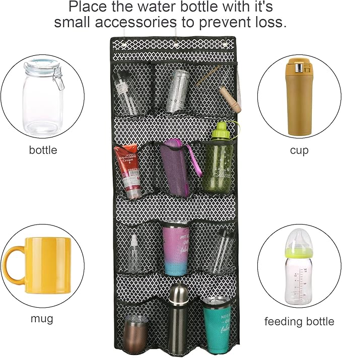 Water Bottle Organizer over the Door Cup Holder with 12 Large Pockets and Reinforced Bottom Tumbler Organizer Clear Mesh Cup Storage for Kitchen Pantry Cabinet Door Wall 41"×17"