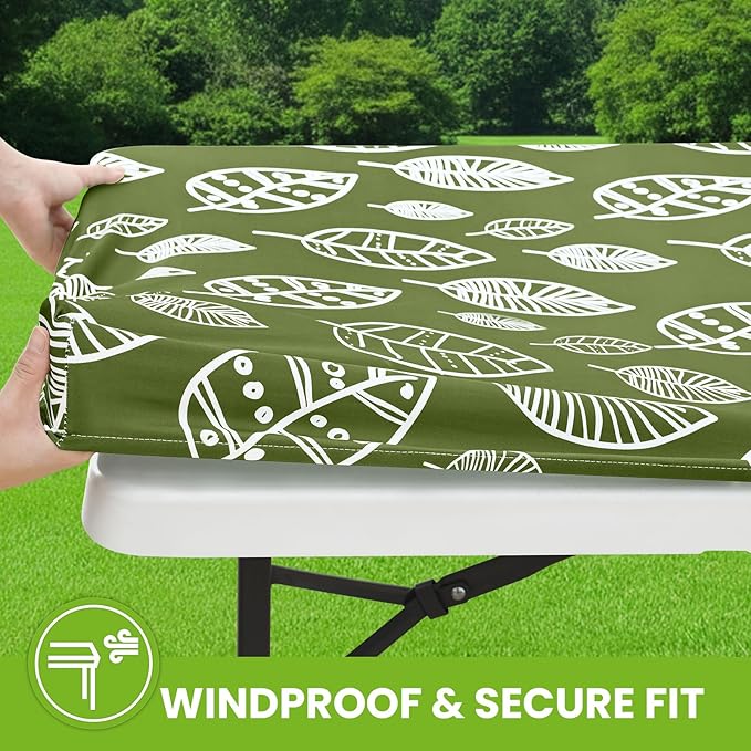 Smiry Spandex Fitted Tablecloth for 5 Foot Rectangle Tables, Washable Picnic Table Cover with Elastic, Stretch Reusable Table Cloth for Outdoor, Camping, Dining & Kitchen (Line Leaf, 30"x60")