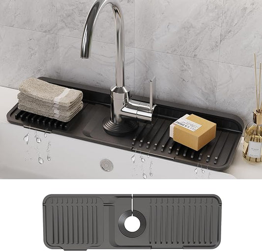 WAFT YEARN 17X5 Inch Silicone Durable Faucet Mat Kitchen Sink Splash Guard Draining Protector Tray Liner Absorbent Protective Counter Accessories For Sink Kitchen Bathroom Laundry Room Bar & RV Black