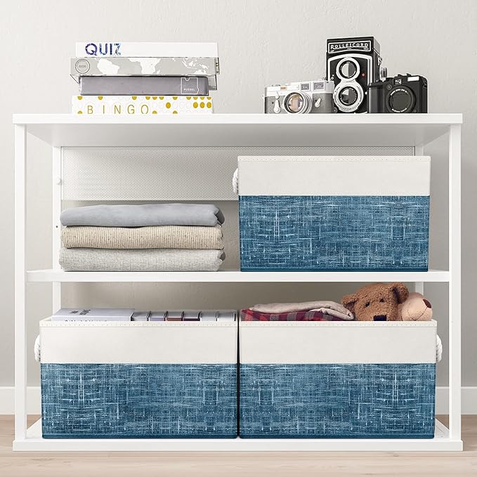 Fab totes Storage Bins 4-Pack, Foldable Storage Baskets for Organizing Toys, Books, Shelves, Closet, Large Storage Box with Rope Handles, Sturdy Organizer Bins, White & Blue