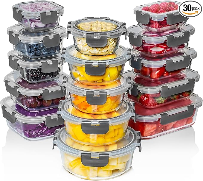 Razab 30 PC Glass Food Storage Containers with Lids - Reusable Glass Meal Prep Containers for Lunch and Leftovers - Airtight & Leakproof Snap Locking Lids - Oven, Freezer, Microwave & Dishwasher Safe