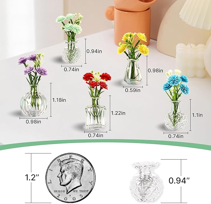 ZOYVUX Cute Mini Vase Magnets for Fridge, Tiny Plant Glass Vases with Flowers, Magnetic Refrigerator Decor for Kitchen, Office, Locker (5 Pack)