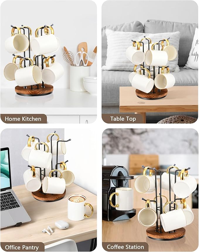 HULISEN 360° Rotating Mug Tree for Large Cups, Counter Coffee Mug Holder with 8 Hooks, Metal Coffee Cup Rack Stand for Countertop with Stable Wooden Base, Kitchen Counter Decor