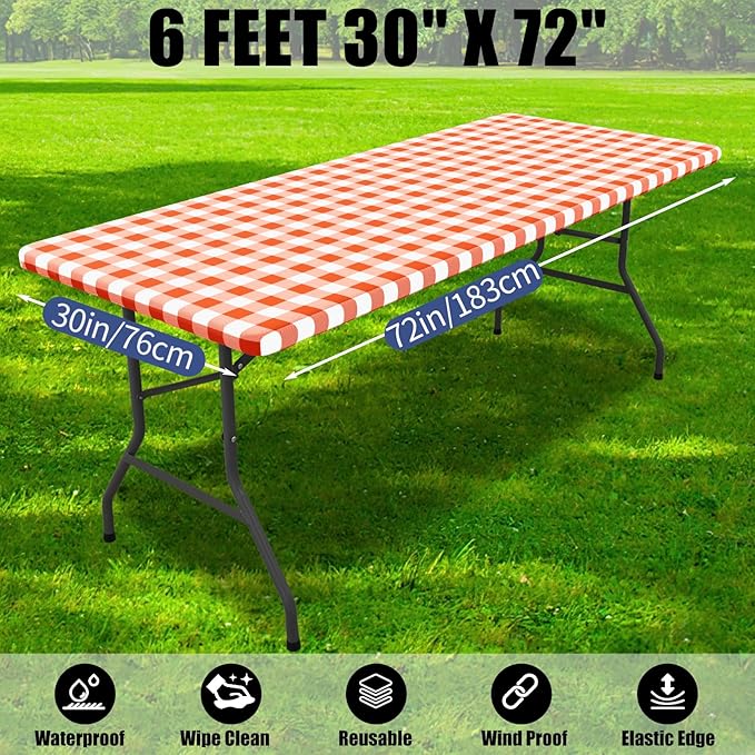 Smiry Picnic Table Cloth 2 Pack, Waterproof Elastic Fitted Tablecloths for 6FT Rectangle Tables, Washable Polyester Buffalo Plaid Tablecloth for Camping, Dining & Outdoor (Orange & White, 30" x 72")