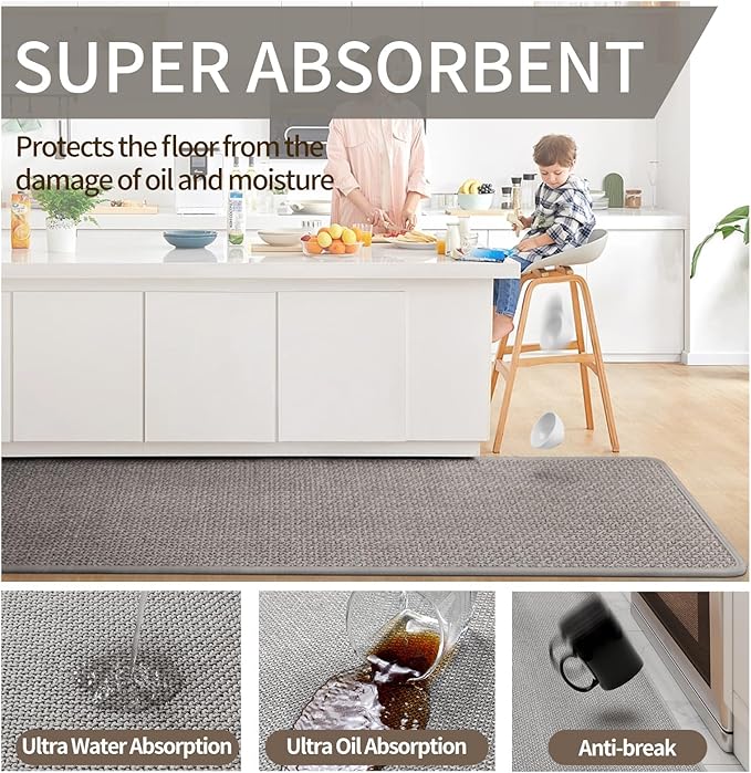 Kitchen Mats for Floor, Super Absorbent Kitchen Rugs Non Slip Washable, Soft Imitation Linen Braided Runner Rug, Standing Mat Kitchen Sink Mat, Easy to Clean, Gray 17x71