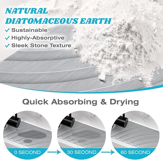 Stone Faucet Mat for Kitchen Sink - Fast Drying Diatomite Stone Drying Mat, Textured Drainage Sink Protector, Water Splash Guard with Base Pads for Bathroom Counter (15.7x4 in, Light Gray)