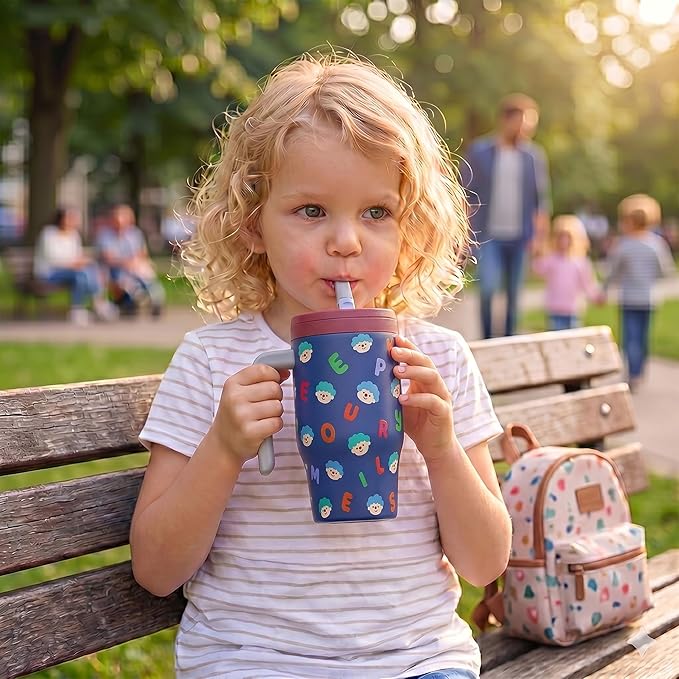 Fijinhom 18 oz Toddler Tumbler with Handle, Stainless Steel Insulated Water Bottle Coffee Mug with Straw, Toddler Cups, Kids Water Bottle for School, Sports, Travel, Alphabet Bubs