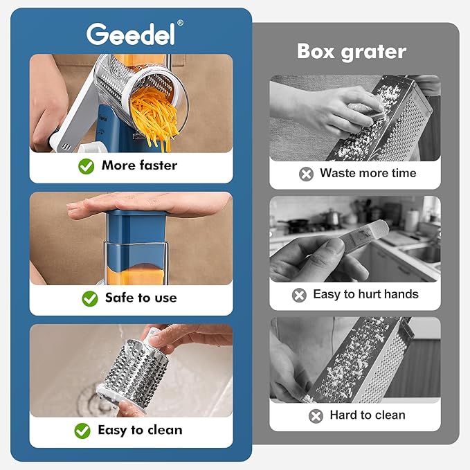 Geedel Rotary Cheese Grater, Kitchen Mandoline Vegetable Slicer with 3 Interchangeable Blades, Easy to Clean Rotary Grater Slicer for Fruit, Vegetables, Nuts