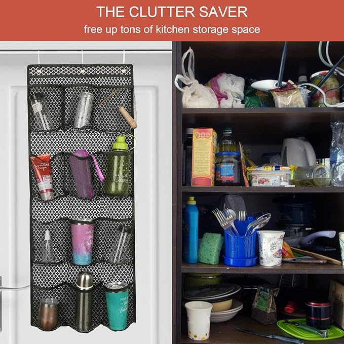 Water Bottle Organizer over the Door Cup Holder with 12 Large Pockets and Reinforced Bottom Tumbler Organizer Clear Mesh Cup Storage for Kitchen Pantry Cabinet Door Wall 41"×17"