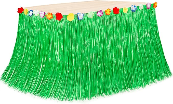 Hawaiian Party Table Decorations, 1PCS Green Luau Party Table Skirt Decorations, 108 X 29.5" Grass Skirts Luau Party Favors, Luau Table Skirt for Summer Tropical Hula Parties Decor Accessories
