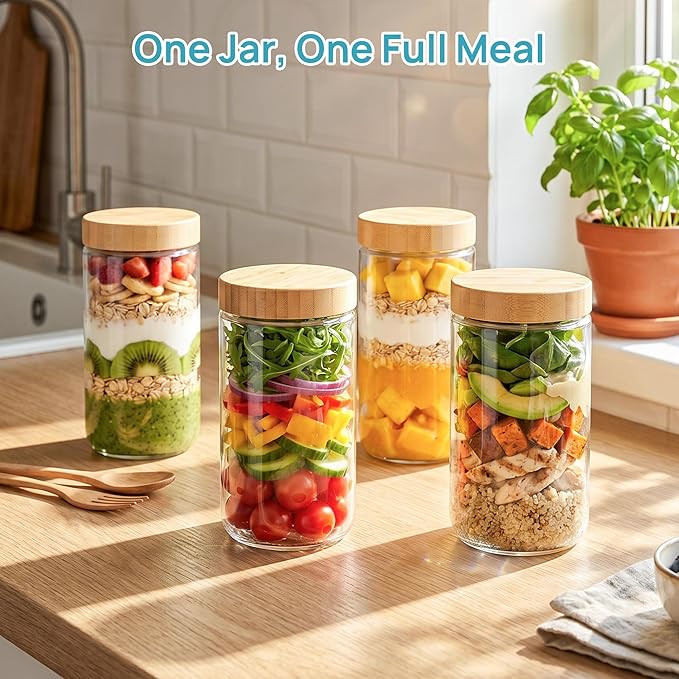 Vtopmart 4 Pack 24oz Glass Overnight Oats Containers with Bamboo Lids, Portable Wide Mouth Glass Jars Leak-proof, Reusable Glass Food Storage Containers for Yogurt Chia Pudding Salad Pickling Snacks