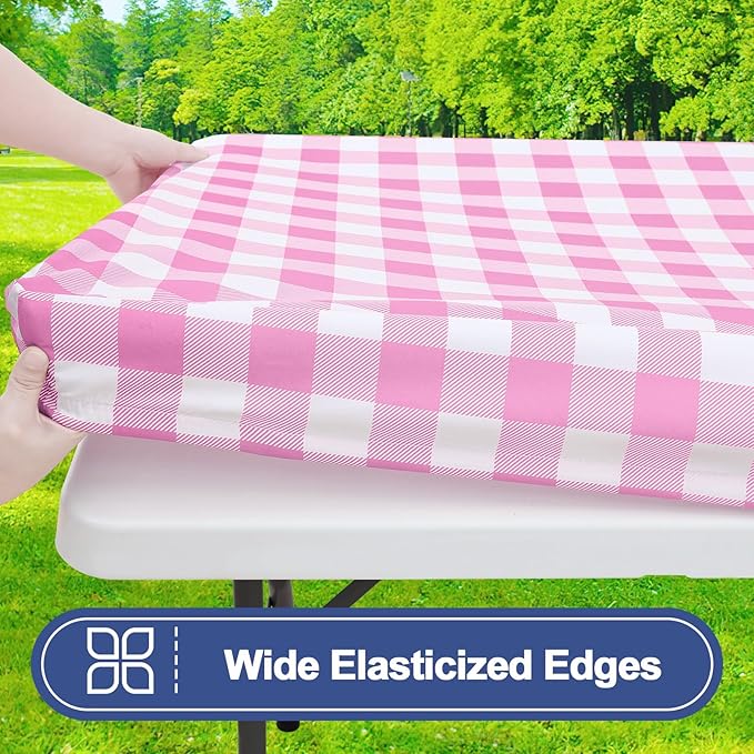 Smiry Picnic Table Cloth 2 Pack, Waterproof Elastic Fitted Tablecloths for 8FT Rectangle Tables, Washable Polyester Buffalo Plaid Tablecloth for Camping, Dining & Outdoor (Pink & White, 30" x 96")