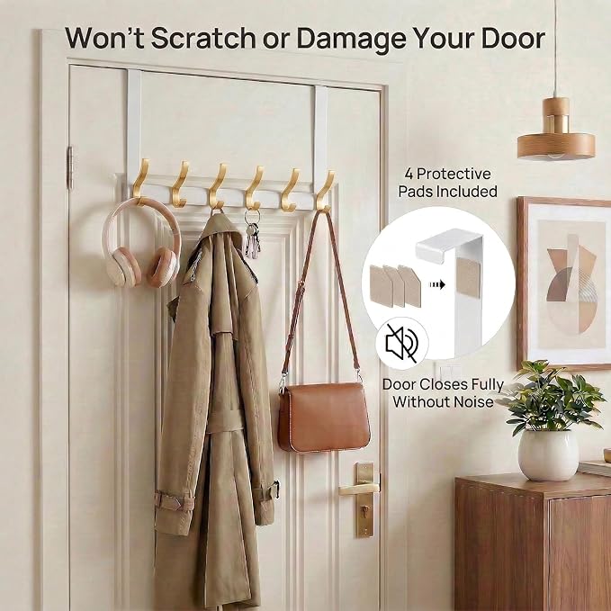 2 Pack 11" Over The Door Hooks for Hanging, Heavy Duty Door Towel Rack with Custom Gold Hooks, Anti-Scratch 4 Pads, 12 Dual-Layer Hooks for Bathroom Bedroom Kitchen, White Gold