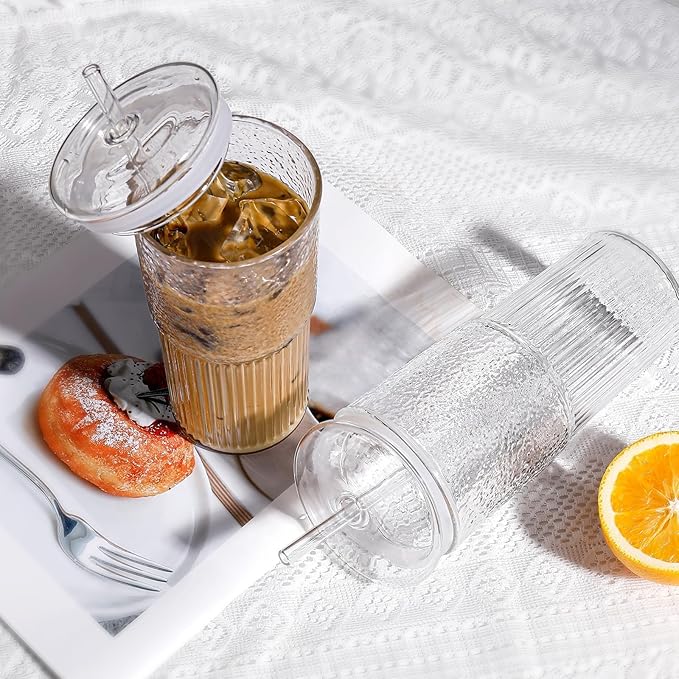 DWTS DANWEITESI Glass Cups with Lids and Straws 4 Pcs,20oz Glasses Drinking Set Vintage Textured Clear Iced Coffee Cups with Lids,Reusable Glass Tumbler with Straw and Lid for Coffee Bar Accessories