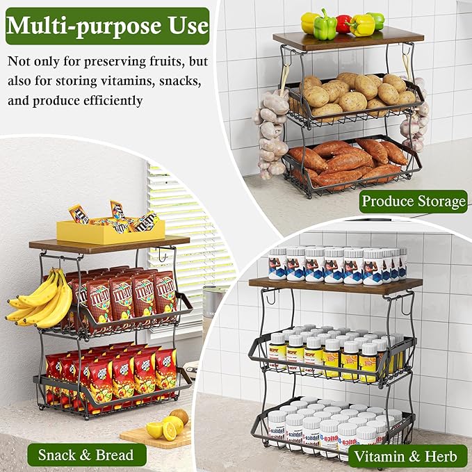 OKZEST 3-Tier Fruit Basket for Kitchen Counter with Banana Hangers, Countertop Organizer Fruit Bowls with Wood Top, Fruit Storage Basket Stand for Storage Potato Onion Bread Snack Fruit Veggie
